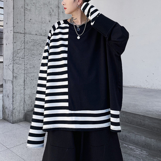 Monotone トップス メンズ ロングtシャツ カットソー 長袖 ボーダー モード 個性的 おしゃれ アシンメトリー 丸首 モノトーン トレンド シンプル ルーズ 通学 秋 10代 代 まるの樹 Fashion