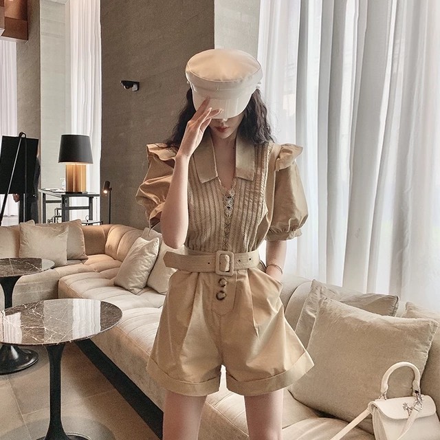 volume sleeve brown rompers