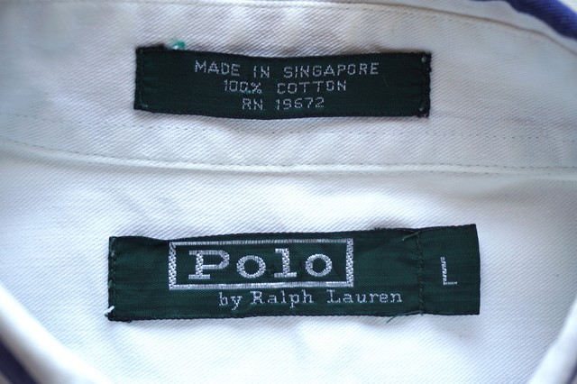 1980 S Ralph Lauren ストライプ柄 ボタンダウンシャツ ホワイト ネイビー 実寸 S位 緑タグ オールド ラルフローレン Magnolia Webstore