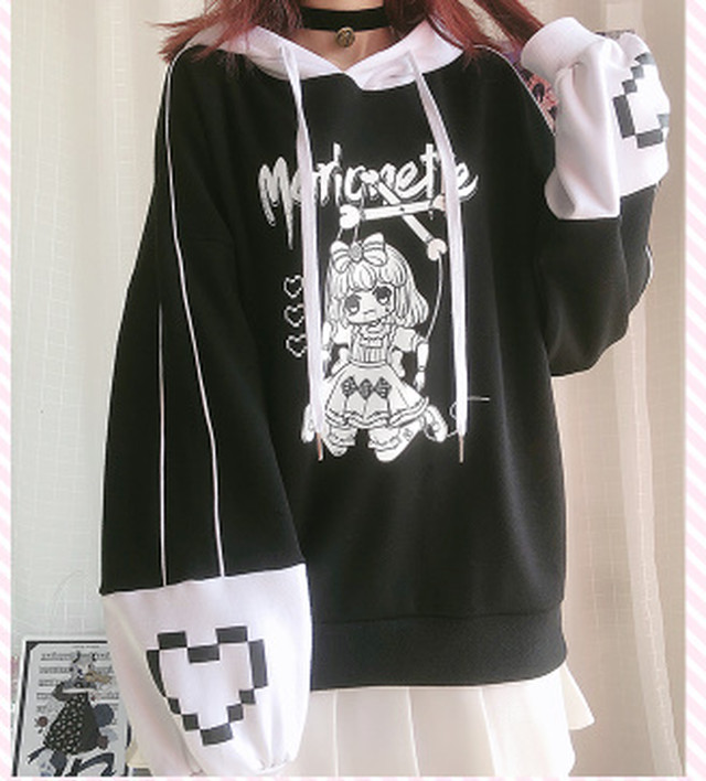 トップス パーカー ホワイト 白 ブラック 黒 バイカラー フード モノクロ Rock 可愛い ルーズ オーバーサイズ メンズライク 病みかわいい ゆめかわいい ゆるかわ キュート 大人かわいい きれいめ エレガント フェミニン カジュアル 秋 冬 デイリー お出かけ Z131 Top Mode