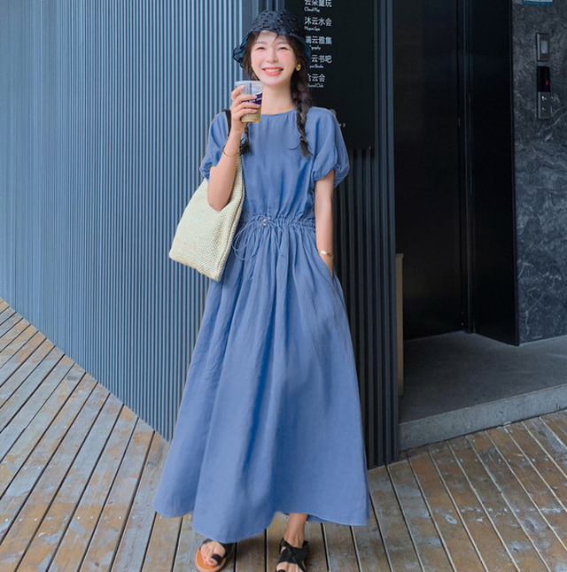 柔らかい印象に ふんわりかわいい フレア ワンピース ワンピース レディース Aライン フレア ワンピ シンプル ウエストマーク カバーアップ パフスリーブ イエロー ブルー カジュアル ナチュラル 清楚 ロング丈 マキシ丈 春 夏 リゾート お出かけ デート 代 30代 40