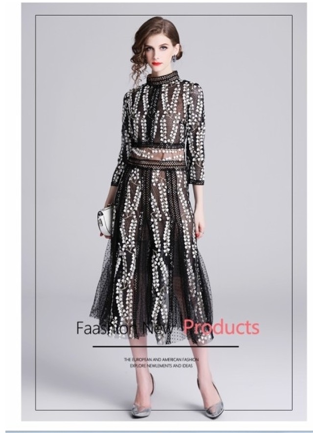 幾何学模様 ワンピース ワンピース ドレス シースルー メッシュ チュール 刺繍 幾何学模様 ロング丈 透け感 お呼ばれ 2次会 秋冬 レディ Basecamp49