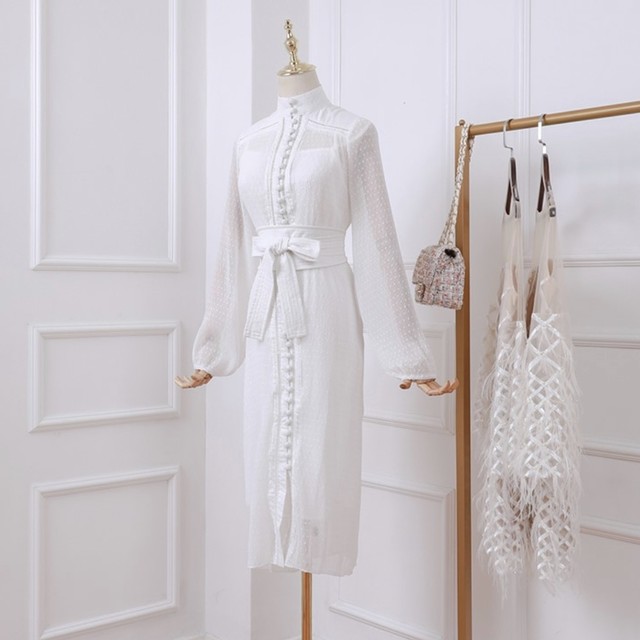 スタンド襟パフスリーブワンピース ホワイト すもものまち