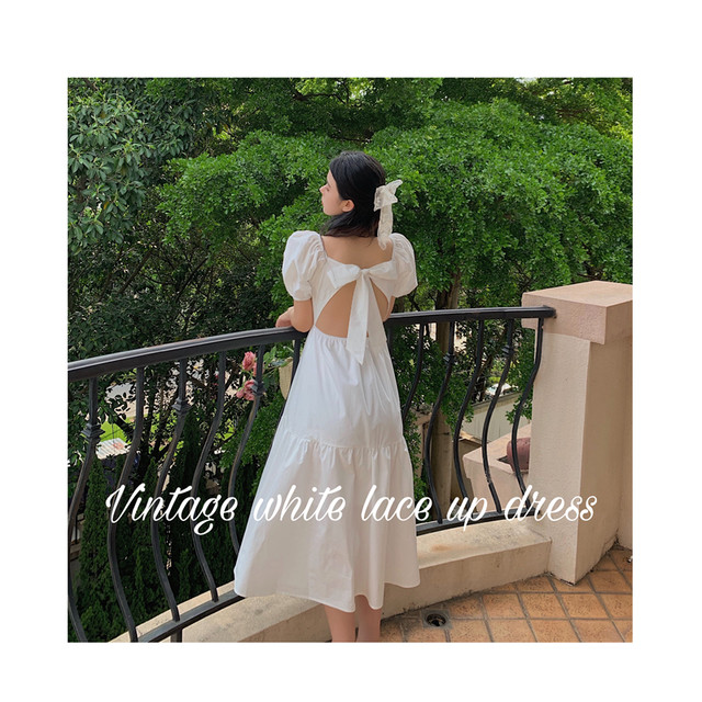 バックリボンワンピース リボン 10代 代 清楚 上品 お呼ばれ 夏 爽やか 可愛い スクエア フレンチ フリル Ma0 La Vie En Rose