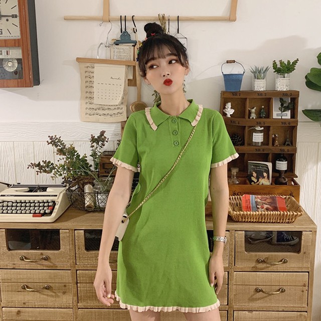 ガーリーコーデに ポロシャツ風 ミニワンピース ガーリー フェミニン レディース レトロ 夏 半袖 ミニワンピ デート オルチャン お出かけ オールインワン Shop Suba