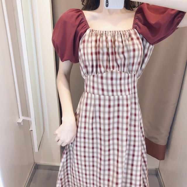 レトロ パフスリーブ チェック柄ワンピース r348 Rumina Select Shop