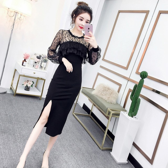 タイトドレス レースステッチ シースルー 長袖 ミモレ丈ドレス スリット ひざ丈ワンピース バイカラー 結婚式 二次会 お呼ばれ Ptnym1054 Dress Suba