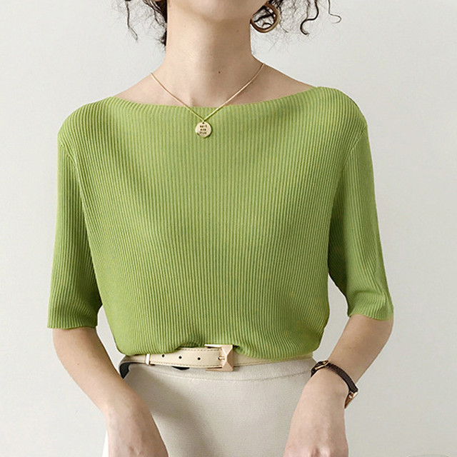 リブニット ボートネック 半袖ニット Tシャツ リブtシャツ サマーニット ニットソー リブ カットソー リブニット レディース 春夏 無地 ストレッチ 半袖 カットソー ニット トップス フレンチスリーブ ストレッチ 無地 秋冬 春夏 Sumoa
