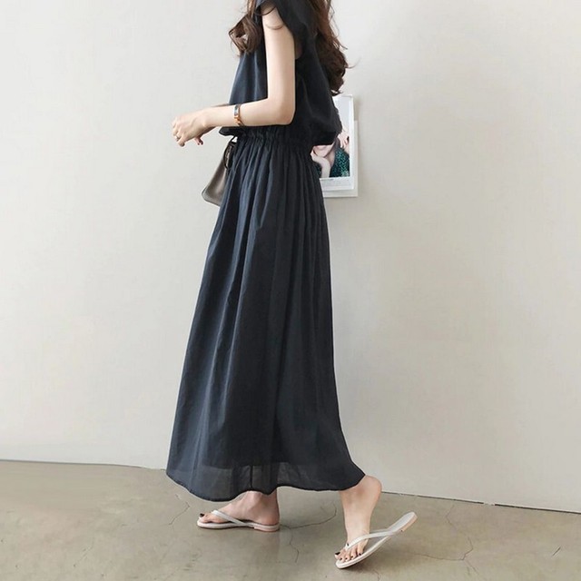 スリーブ ワンピース エレガント ドレス リネン 夏 カジュアル マキシワンピ ブラック California Express