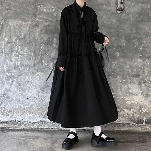 ゴスロリ 秋冬 ワンピ シック ブラック ロングスカート aライン ハイウエスト ギャザー 病みかわいい ストリート系 オルチャン 原宿系 10代 代 モード系ファッション専門店 With U