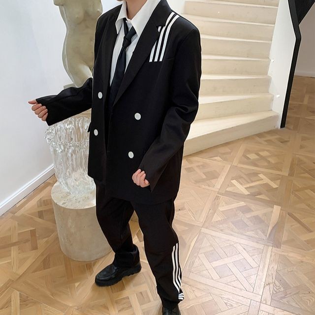 予約販売 メンズ スーツ ライン ブラック シック 個性的 男前 ジャケット パンツ セット セットアップ パーティ パーティー 二次会 同窓会 結婚式 韓国 トレンド M L Xl Favoriteselect