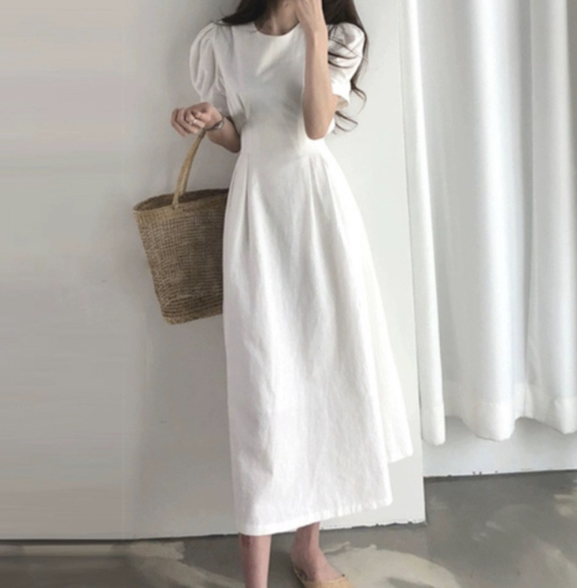 パフスリーブ ロングワンピース ホワイト モノトーン専門 韓国レディースファッション通販 Sayme