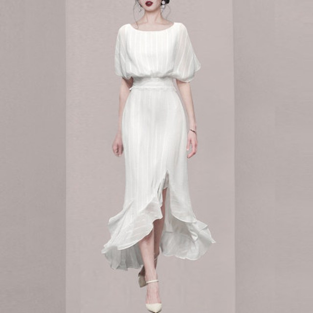 白ワンピース パフスリーブ ワンピース レディース サマーワンピ ホワイト 夏服 ウエストマーク 半袖 マーメード マキシ 上品 きれいめ Rx0522 Raxia ラクシア