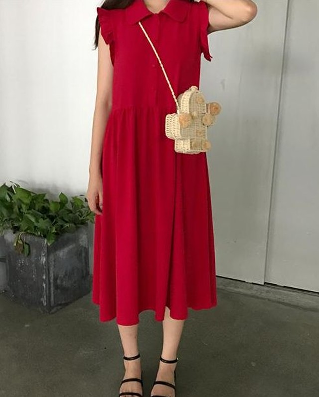 ノースリーブ 膝下丈 ワンピース レッド 丸襟 前ボタン 袖フリル 夏の新作 お嬢様 レトロ レディース Sc030 ワンピの里