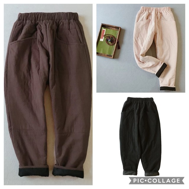 F73 新品 送料無料 レディース 秋冬 中綿入り ゆったり 綿麻 パンツ あったかパンツ 防寒 楽ちん ナチュラル ブラウン 茶色 Hihaho Company リネン コットン素材のゆったりとしたレディースウェアのお店