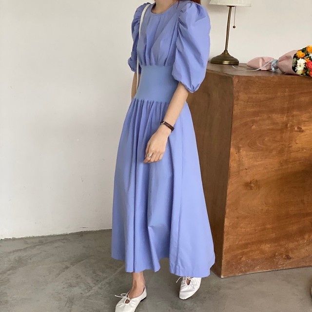 4色 ワンピース ロング丈 パフスリーブ ブルー グリーン ブラック ベージュ レディース ファッション 韓国 オルチャン Cocotown