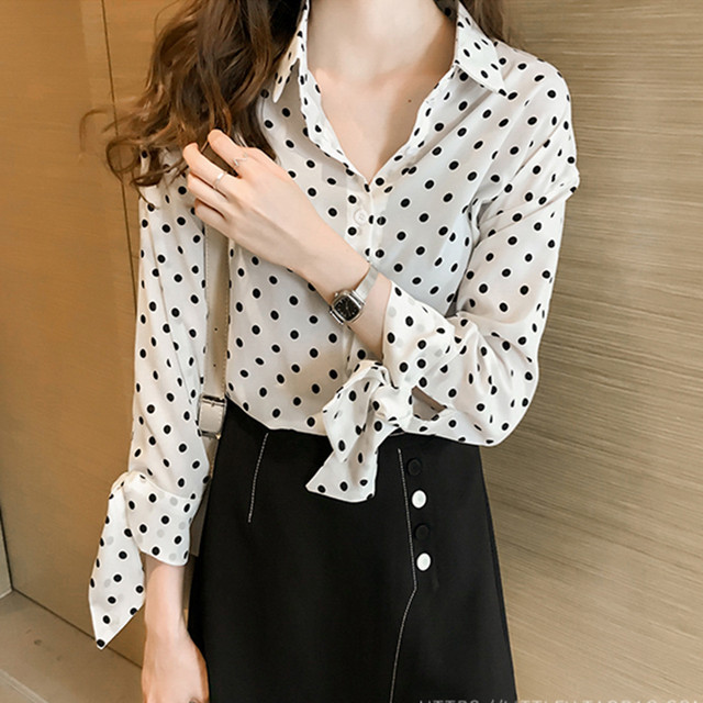 レディース ドット シャツ きれいめ 長袖 コットン 袖リボン 春秋 お出掛け 通勤 大きいサイズ Ltp 0005 大きいサイズ専門店キャンディポップ
