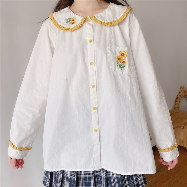 ひまわり ヒマワリ 向日葵 フリル 丸襟 トップス シャツ ブラウス かわいい 可愛い ガーリー 大人可愛い 大人かわいい フェミニン 大人ガーリー 女性 レディース ゆめかわ Popsite3 Cute レディース かわいい 可愛い ガーリー フェミニン 甘め アパレル服