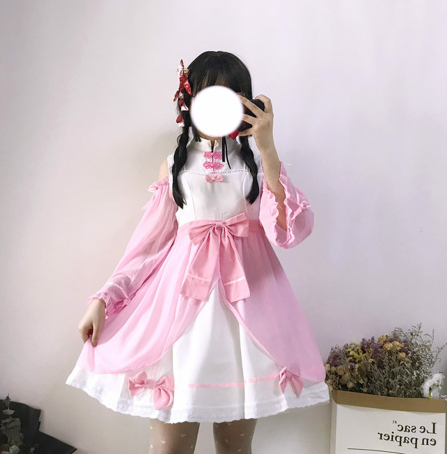 Aラインオフショルツートンチャイナワンピース ピンク コスプレ ロリータ Cubicbunny