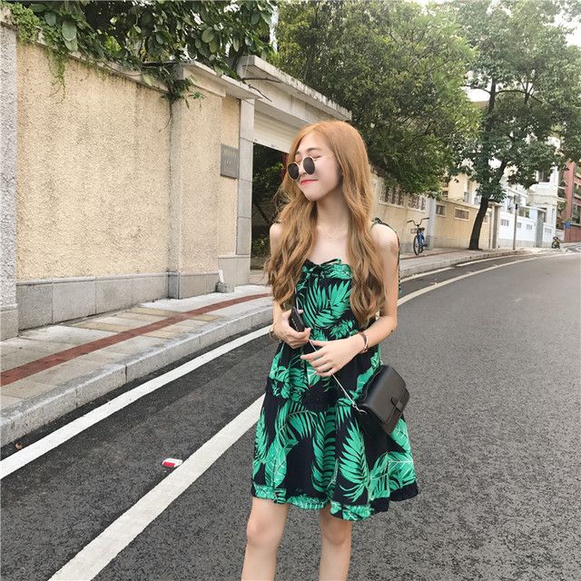 大きいサイズ キャミワンピ サマードレス ミニ丈 フリル エスニック リゾート リーフ柄 ｖネック ボヘミアン ハイウエスト サマーワンピc1260 Idear