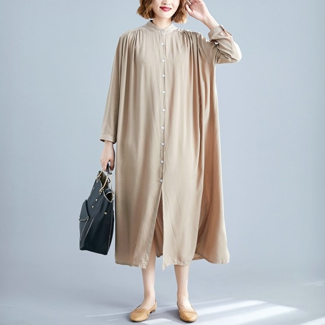 シャツワンピース バンドカラー ロングシャツ オーバーサイズシャツ 羽織り スタンドカラー ギャザー切り替え ゆったり リラックス かわいい ナチュラル カジュアル きれいめ 体型カバー デート 通勤 通学 おでかけ Crystalhk