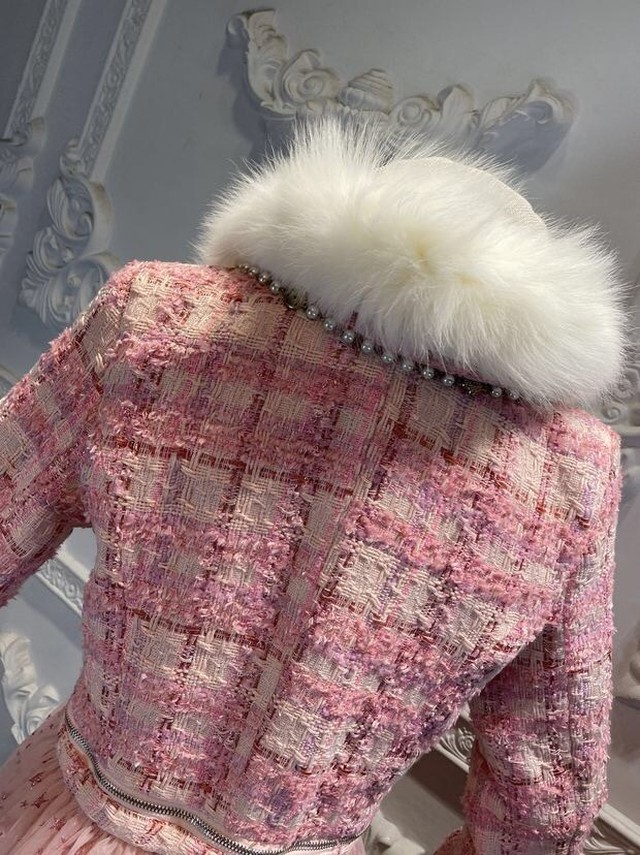 ピンク ワンピース ツイード ファー コート ジャケット アウター 襟 Loveysmileshop