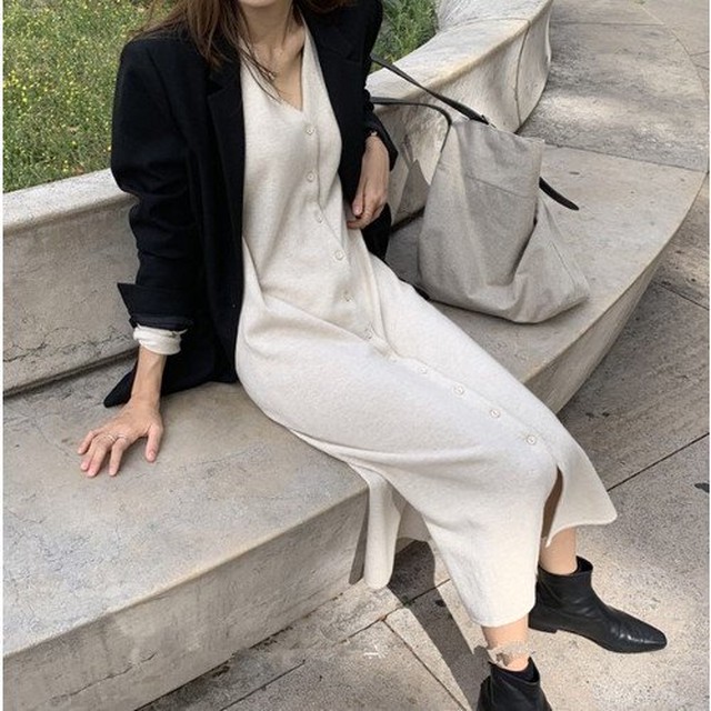 ワンピース レディースワンピース レディース カーディガン ロングカーディガン 長袖 Vネック ボタン 体型カバー ストレート Iライン 冬 ワンピース レディースワンピース レディース Leaflower 001 リーフラワー レディースファッション専門店