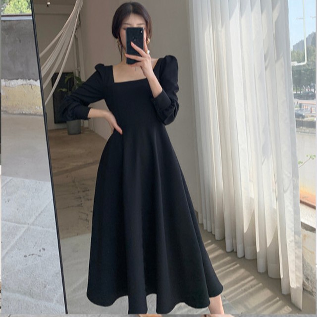 フレアワンピース ロング丈 スクエアネック 長袖 パフスリーブ 無地 Aライン ブラック 女優風 レトロ エレガント 大人かわいい 秋冬 Virtue