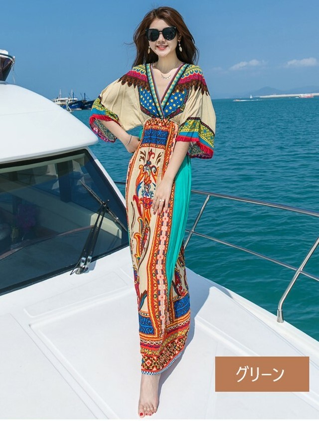 リゾートワンピース マキシ丈 ロング丈 Vネック カシュクール 半袖 フレア袖 プリント柄 エスニック柄 花柄 Xライン Aライン アジアン ゆったり 大きいサイズ エキゾチック 春夏 お出かけ リゾート 旅行 ビーチ Dea