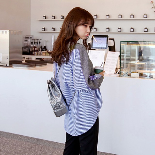 ストライプブラウス トップス 長袖 切り替え ニット 異素材 ニット カーディガン Vネック ブラウス レディース おしゃれ 切り替え トップス ネット通販 購入 激安 10代 代 30代 40代 秋 冬 Roprot ロプロット ファッション レディースアパレル販売 ギフトショップ