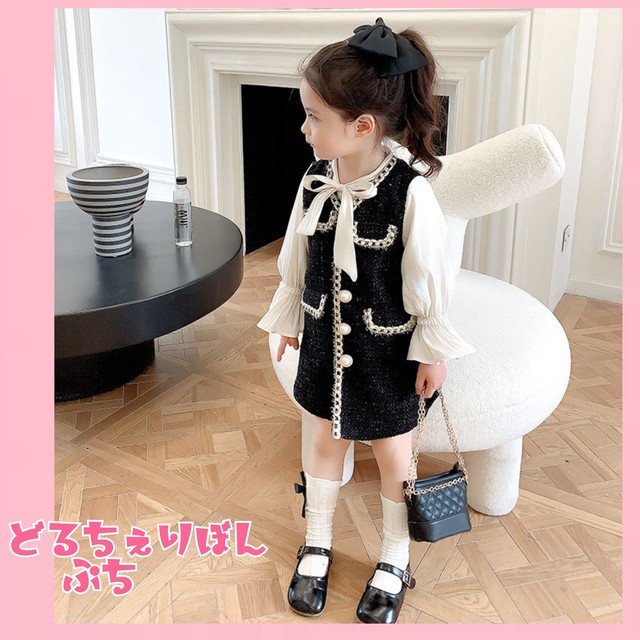 8 即納 ブランド風長袖ツイードリボンワンピース 韓国子供服風 Dolceribbon