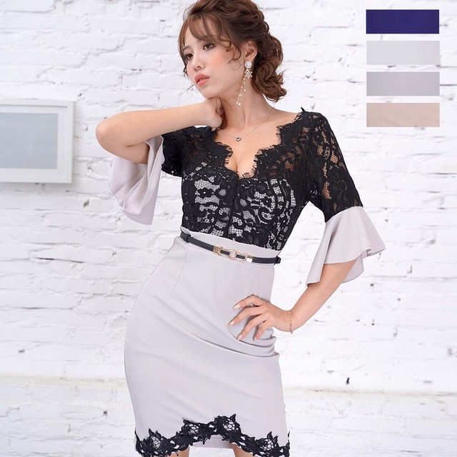 Love Rich ワンピース F ベルスリーブ レース ケミカルレース 袖あり キャバドレス Dressdore ドレスドレ キャバドレス専門