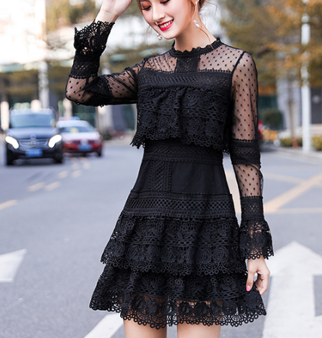 シースルー ドット 水玉 レース ワンピース ドレス 長袖 膝上 ミニワンピ フェミニン パーティー お呼ばれ 二次会 デート かわいい 韓国 韓国ファッション オルチャン オルチャンファッション K391 Koreanplus 韓国ファッション コリアンファッション オルチャン