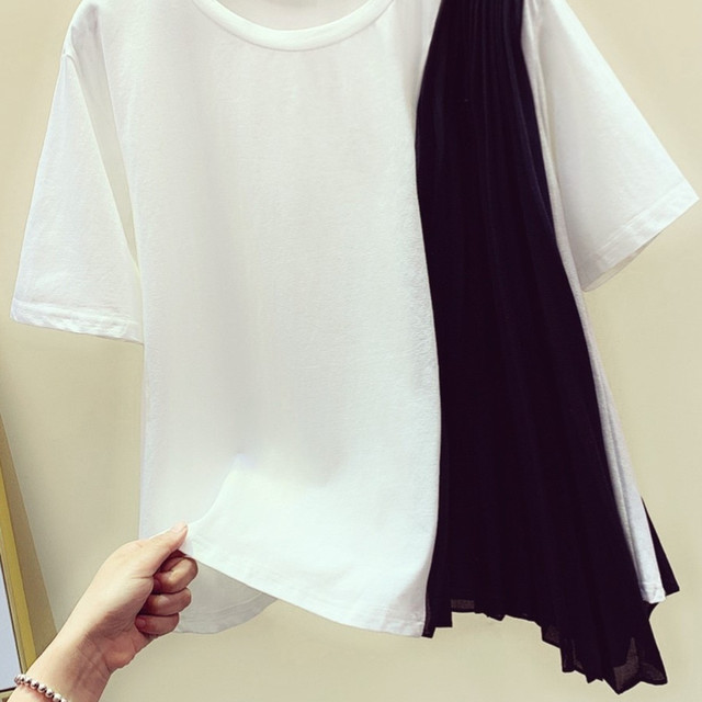 バイカラー 異素材デザインtシャツ トップス レディース 半袖 ラウンドネック チュール アシンメトリー きれいめ おしゃれ 大人可愛い カットソー プルオーバー プリーツ Officewalaa オフィスワラア レディースファッション スタイル