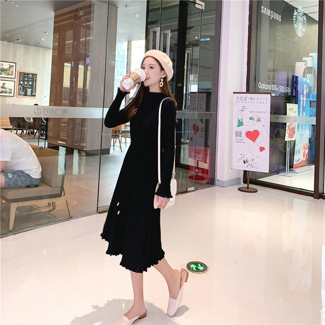 ワンピース レディース 黒 長袖 膝下 膝丈 秋 冬 Aライン ハイウエスト フレア セミフォーマル Ftnstyle