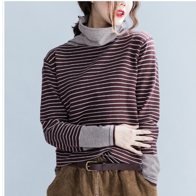 韓国 トレーナー レディース レディースコーデ ボーダー柄 ハイネック カットソー 大きいサイズ トップス 着心地よい 重ね着 ゆるいニッ Basecamp49