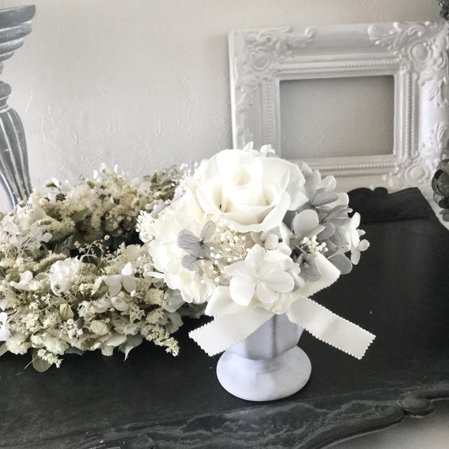 プリザーブドフラワー ホワイトローズと紫陽花のアレンジメント 誕生日プレゼント 引っ越し祝い プチメリア お花ギフト