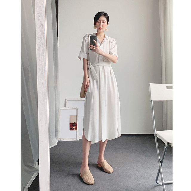 ロングワンピース シャツワンピース ロング丈 半袖 無地 2way ウエストベルト ゆったり 大人可愛い こなれ感 春夏 ショッピング デート 食事会 ホワイト ライトブルー Southisland