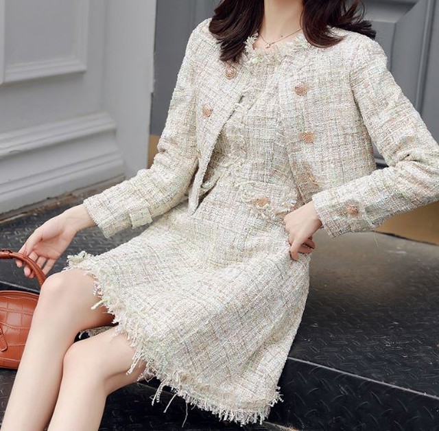 ツイード セットアップ ツイードジャケット ワンピース ノーカラー 卒業式 入学式 卒園式 入園式 Evergreen