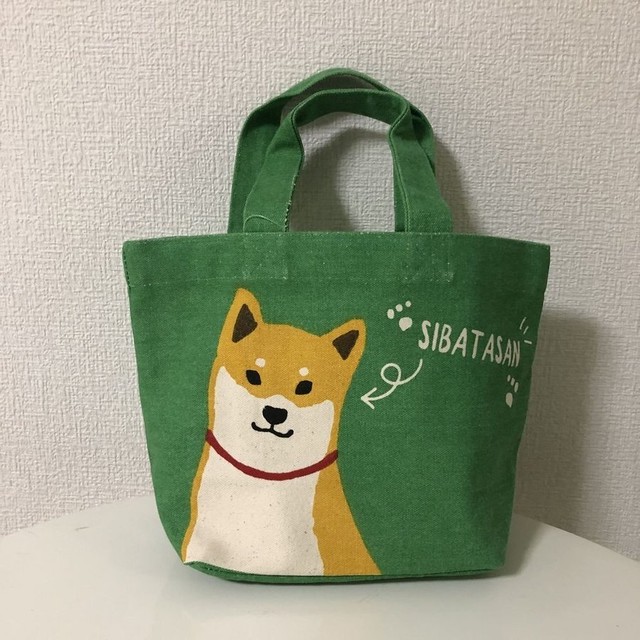 送料無料 ミニトートバッグ ディスイズしばたさん グリーン 柴犬グッズ お散歩バッグ ランチバッグ お弁当バッグ 帆布バッグ シバ 柴犬 シバグッズ 柴田 雑貨屋ブルーリーフ