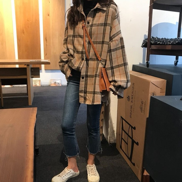 716 ボリューム袖が可愛いゆるダボシルエットのチェック柄シャツ カーキ 海外のプチプラきれいめカジュアルレディースファッション Pakaian Lucu 海外のプチプラきれいめカジュアルレディースファッション Pakaian Lucu