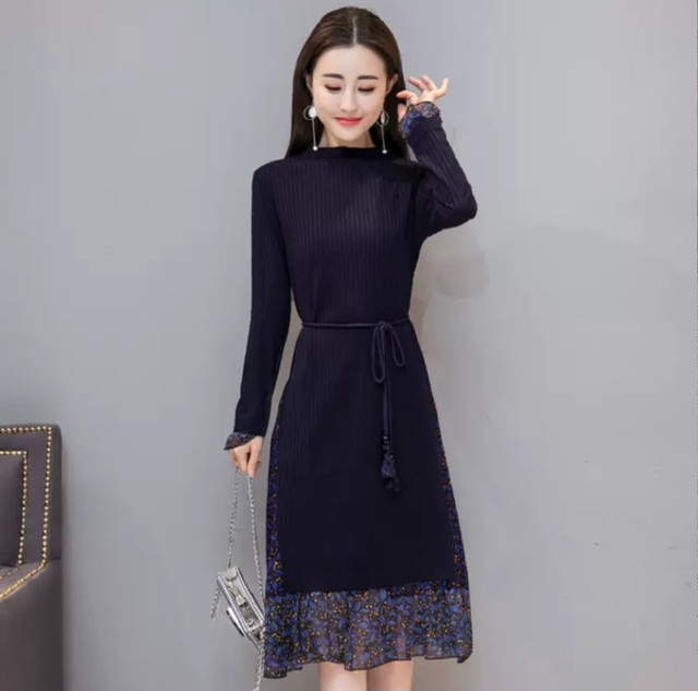 シースルーリブニットワンピース ワンピース フレア 膝丈 フリル シフォン プリーツ セットアップ風 ドッキングデザイン ブラック フェミニン ガーリー きれいめ シック パーティー 美人感 こなれ感 Ol セクシー デート お出かけ お呼ばれ 1364 Sayurio レディース