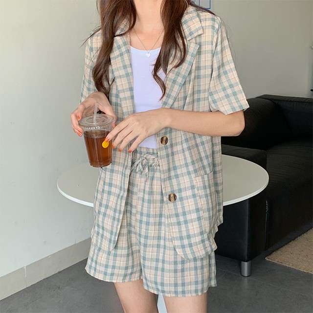 〈カフェシリーズ〉パステルチェックセットアップ【pastel check set up】