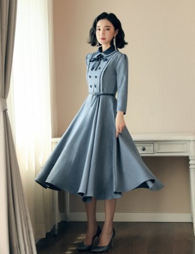 レトロガーリーなロングワンピース リボン付き ベルト付き 2トーンカラー 清楚 お嬢様 かわいい ハイウエスト スタイルアップ パーティー お呼ばれ イベント H1124 K M Base ドレス専門店