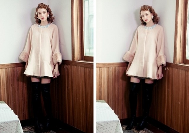 コート フェミニン ラビットファー ピンクベージュ ガーリー ケープ ポンチョ フリル ノーカラー ワンピース 秋冬 Bringhappiness