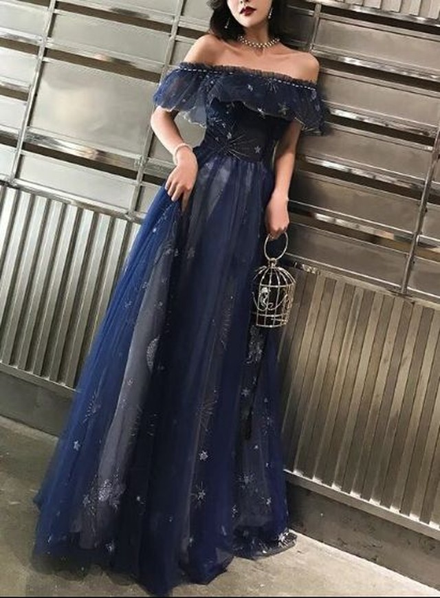 結婚式ドレス お呼ばれ ドレス ワンピース ロングドレス 演奏会 パーティードレス ロング オフショル ドレス 星柄 韓国 パーティードレス レディース Jm5391 Dress Plaatje