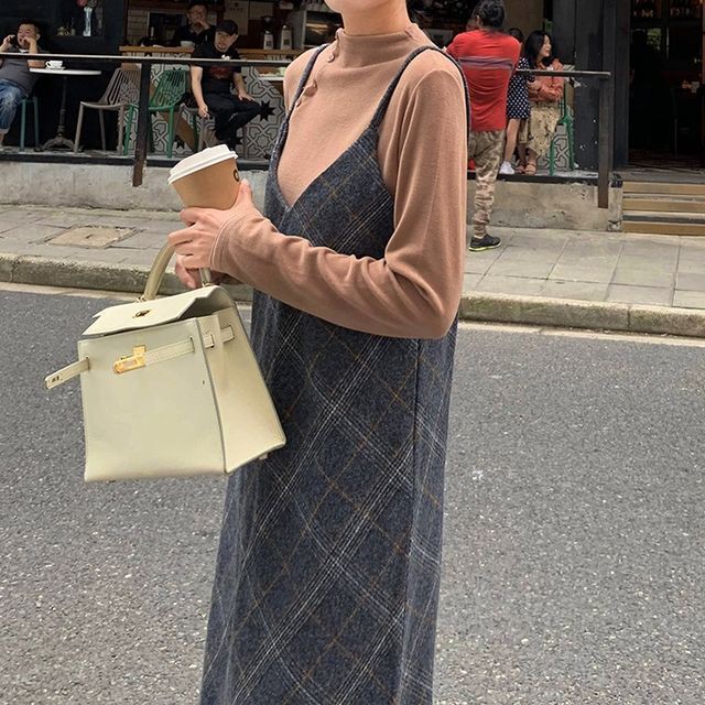 レディース トップス 秋 冬 ノースリーブ チェックキャミワンピース キャミワンピ Vネック ロング丈 ミモレ丈 チェック レイヤード クラシカル シック ガーリー 大人ガーリー カジュアル 大人カジュアル 秋冬 グレー ブラウン フリーサイズ Ukiukionepicec