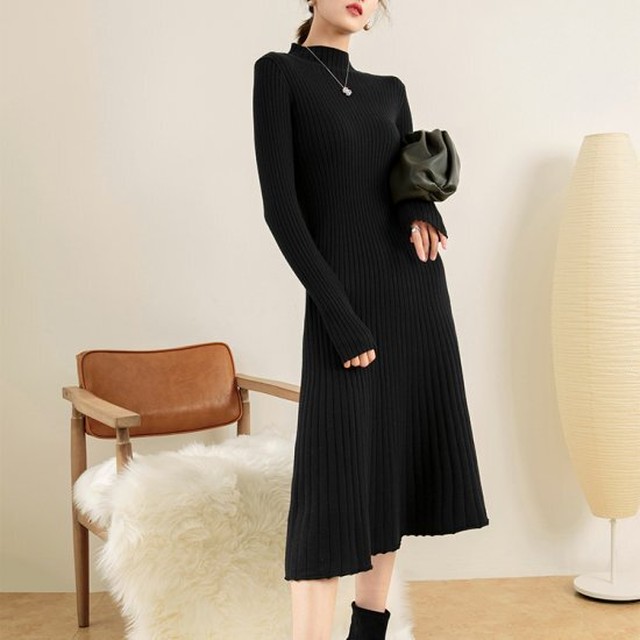 ニットワンピース 長袖 ハイネック 春ワンピース 春 ロングワンピ マキシ 上品 きれいめ フォーマル 黒 卒業式 入学式 参観日 シンプル デート 普段使い 無地 クラシカル 大人 Rx09 Raxia ラクシア
