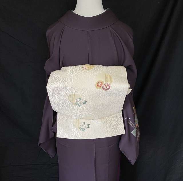 傘に紫陽花の名古屋帯 淡いアイボリー 織り出しの帯 オトナかわいい 普段着の帯 和小物 あかりや
