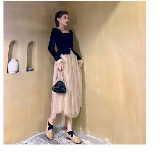 冬服 韓国 レディース ニットワンピース ロングワンピース ドッキングワンピース 長袖 チュールスカート レディース 韓国 オルチャン フ Basecamp49